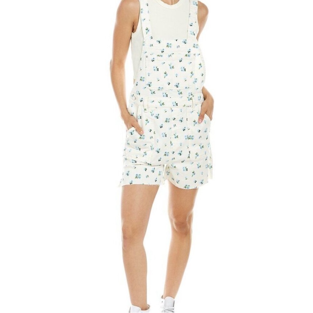WeWoreWhat Denim Slit Floral Short Overall Watercolor Ditsy